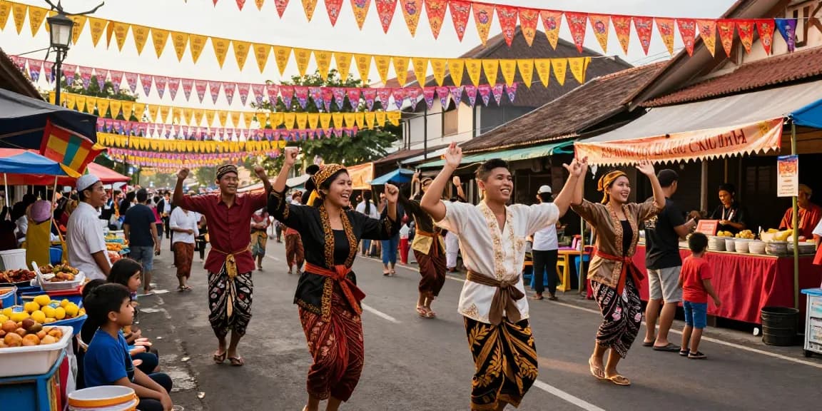 Festival budaya IMBAJP di kota Indonesia dengan orang-orang berpakaian tradisional, suasana meriah dan makanan jalanan.
