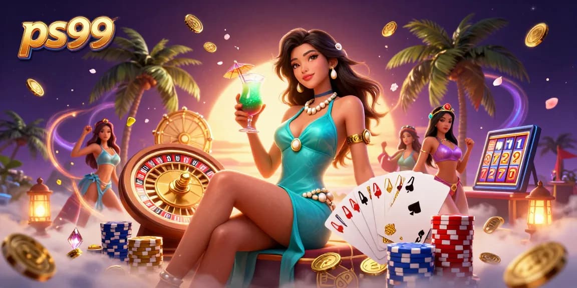 Experience the thrill of gaming with PS99, featuring a glamorous Asian woman enjoying casino fun amid a tropical setting.