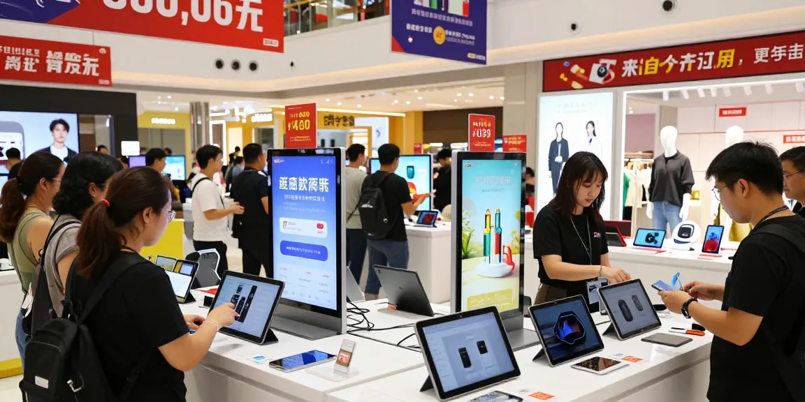 Para pengunjung berinteraksi dengan kios digital di pusat perbelanjaan uangemas99