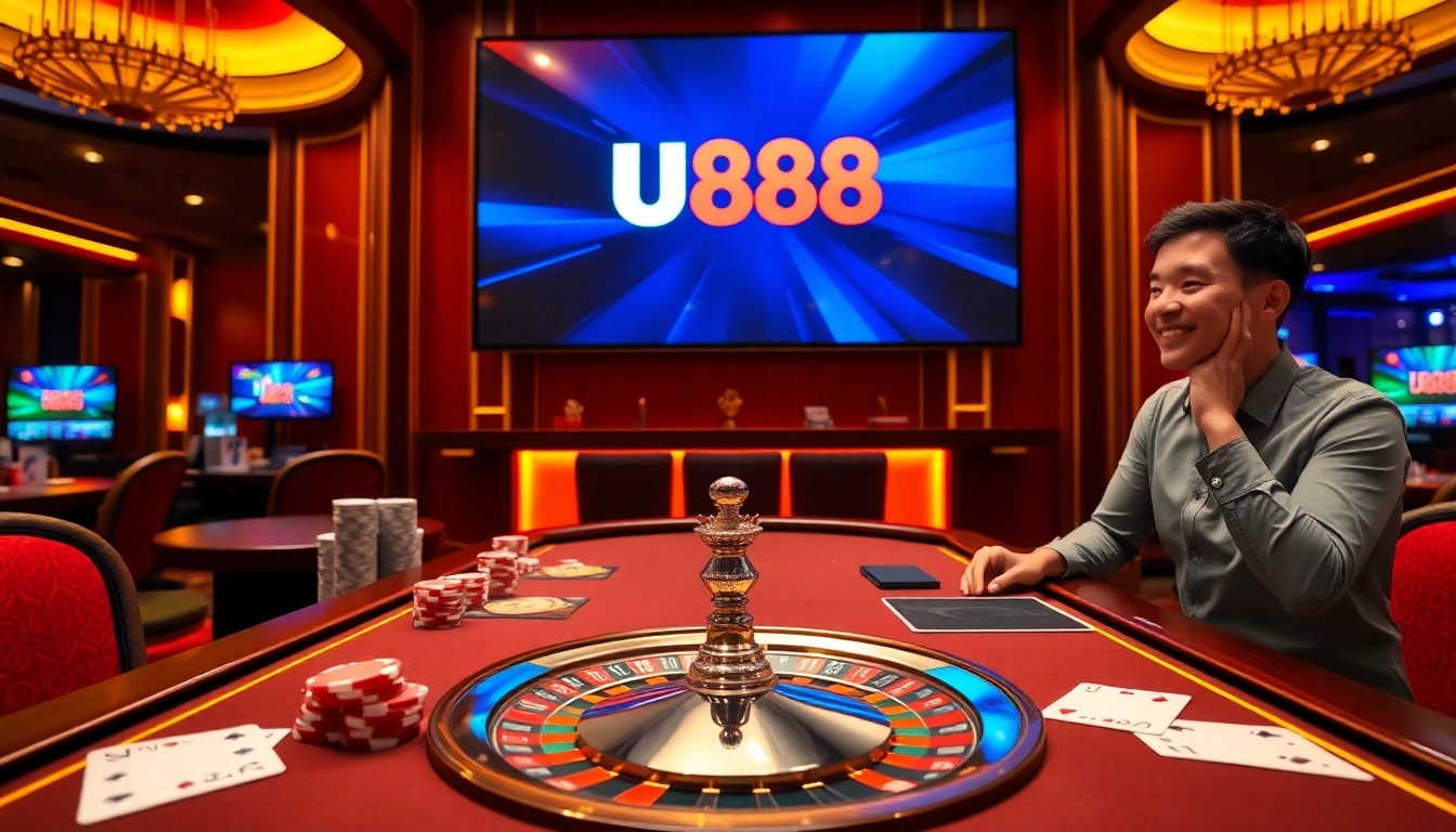 U888 casino table with poker chips and a roulette wheel, highlighting the excitement of online gambling.