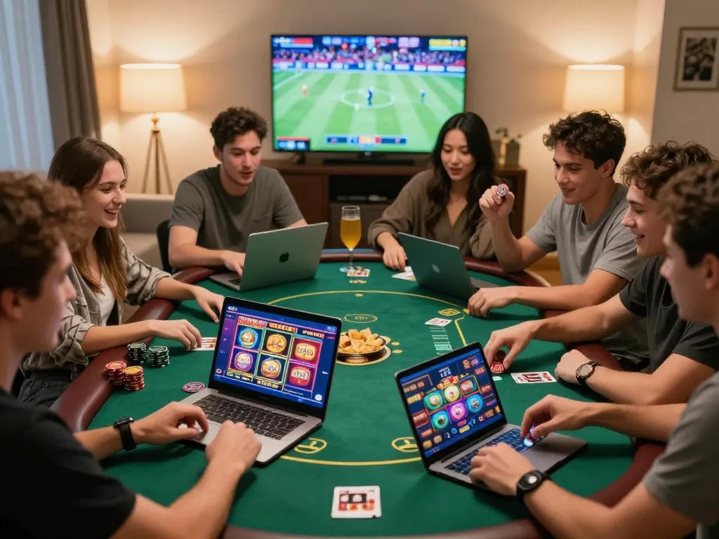 Friends enjoying online gambling with ligasedayu in a cozy living room, vibrant game screens, and snacks.