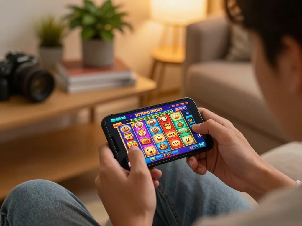 Playing on a site slot gacor using a smartphone with vibrant game display in a cozy setting.