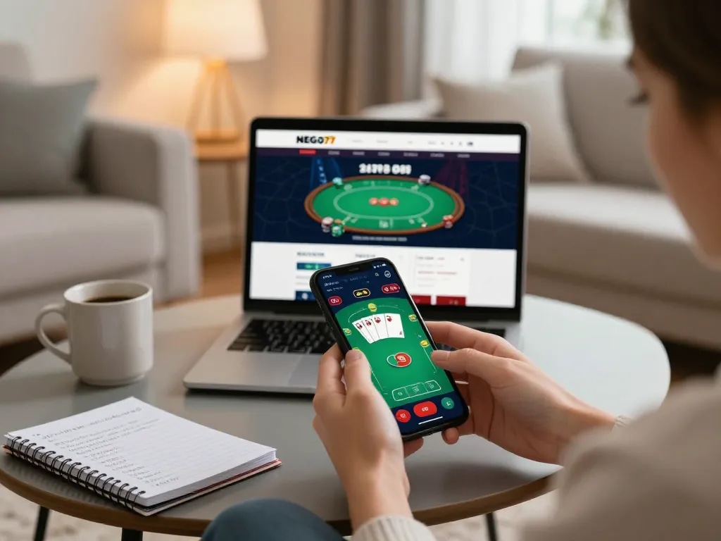 Nego77 mobile app in use for online poker gameplay on cozy living room setup.