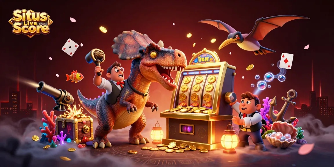 Situs Live Score showcases a thrilling gambling scene with a dinosaur-driven slot machine hitting the jackpot.