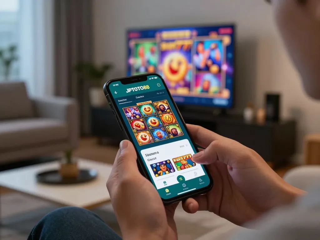 Pengalaman bermain game mobile yang menarik dengan link slot gacor ditampilkan di smartphone di ruang tamu yang nyaman.