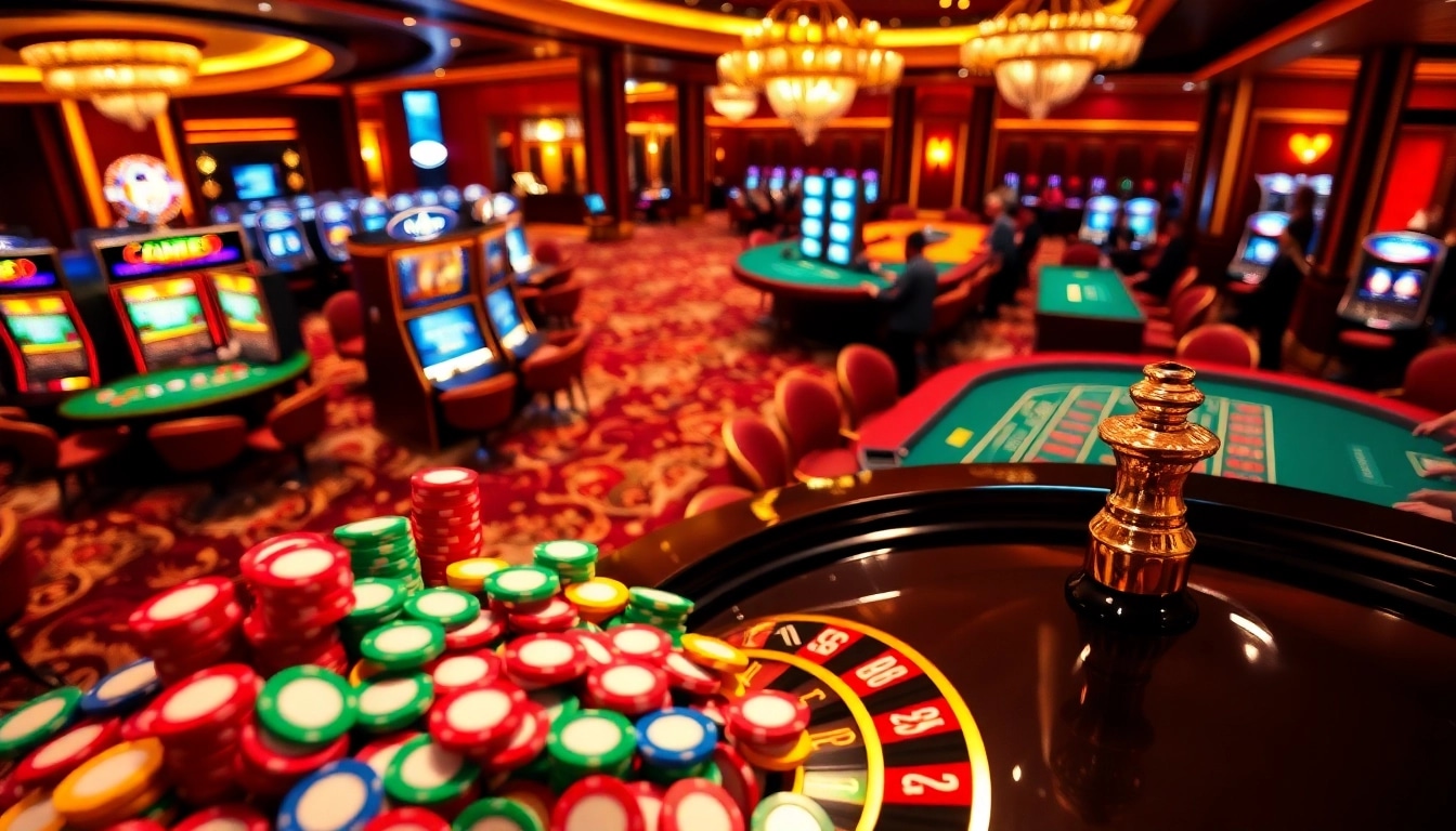 Exciting gaming scene at go 88 casino with poker chips and roulette wheel.