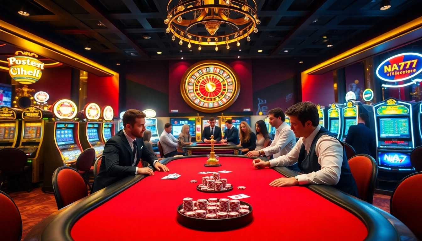 Experience high-stakes poker action at NA777 with vibrant chips and professional dealers.