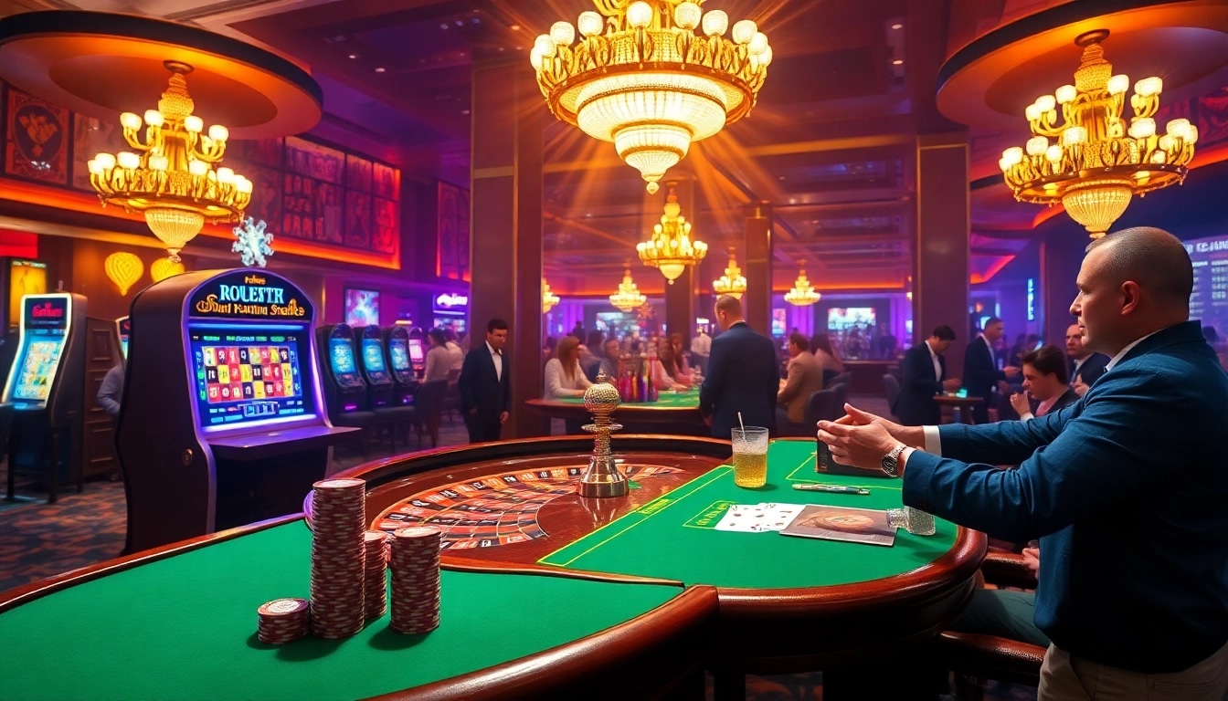 Players enjoy thrilling games at https://69vn.br.com/, surrounded by vibrant casino elements and exciting visuals.