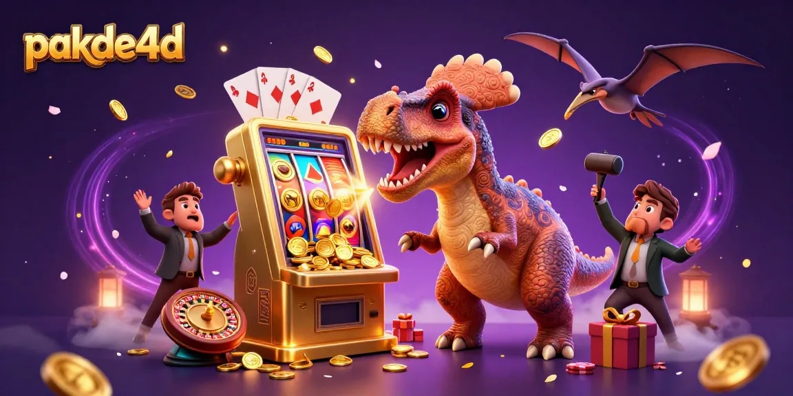 Pakde4D showcases a unique 3D casino scene with dinosaurs, featuring exciting jackpot wins and dynamic gaming elements.