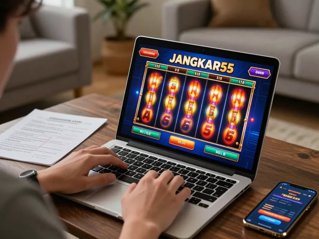 Engaging gaming moment at home playing JANGKAR55 online slots with focused strategy notes.