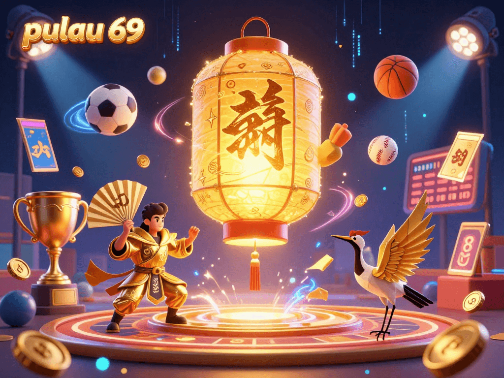 Engage with pulau 69's dynamic casino scene featuring vibrant lanterns and energetic sports elements.