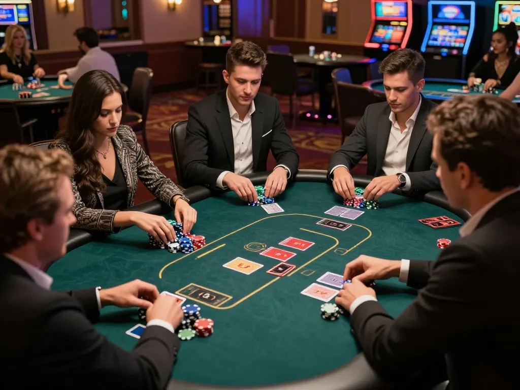 Players engaged in an intense mpoid slot poker game, showcasing strategy and excitement with colorful chips in focus.