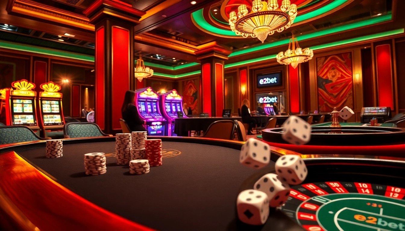 E2bet players enjoying an exciting night at a luxurious casino with poker tables and slot machines.