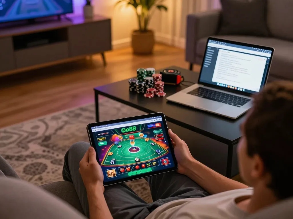 TẢI GO88 on a tablet at home gaming setup, showcasing engaging gameplay and chips