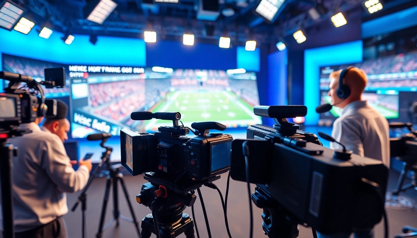 Sports Broadcasting team in a studio, engaging viewers with live analysis and updates.
