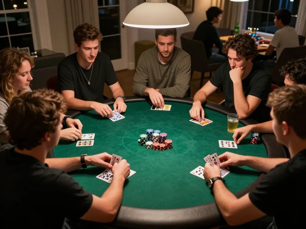 LGO99 players enjoy a casual poker night with cards and chips in hand, sharing strategy and fun.