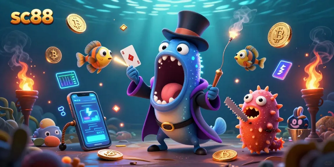 Experience thrilling gameplay at sc88 with vibrant underwater scenes of bioluminescent creatures performing magic tricks in a casino.