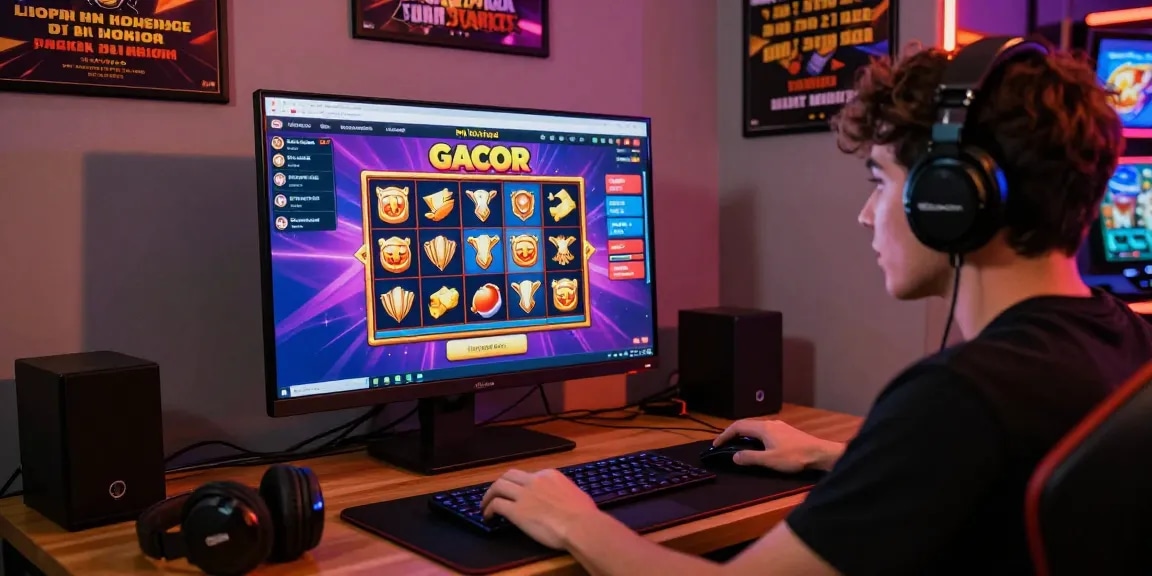 Player enjoying a thrilling slot gacor game online, surrounded by vibrant digital elements.