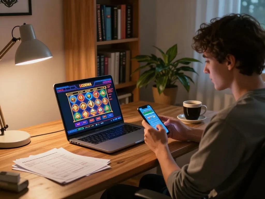 Player engaging with UGDEWA online casino slots on a laptop in a cozy home office.