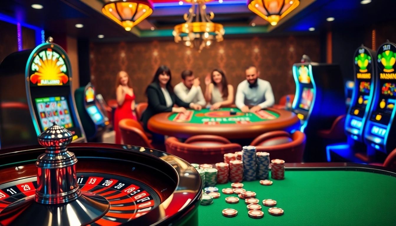 Excited players at a casino table enjoying the thrill of gambling at https://98winmb.com/ with poker chips and roulette wheels.