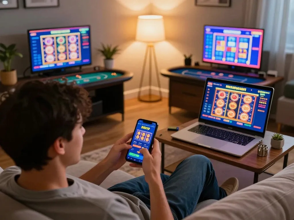 Player immersed in rikvip online gaming, focusing on exciting slots and poker.
