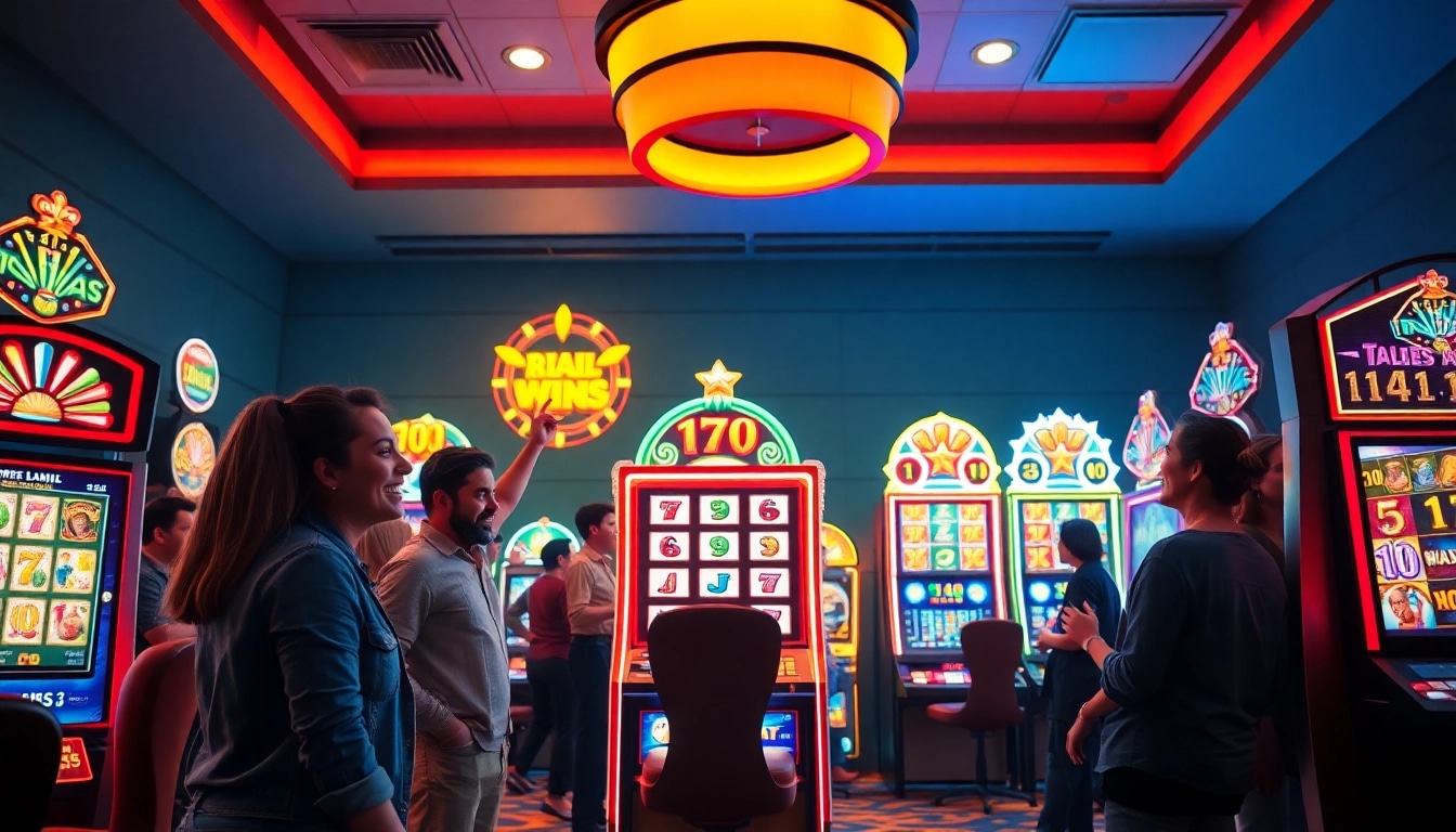 Dynamic online casino scene showcasing slot machines with players celebrating wins in a vibrant atmosphere.