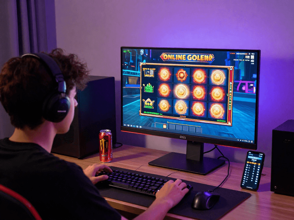 Player immersed in online slot gacor gameplay with real-time RTP stats on screen.