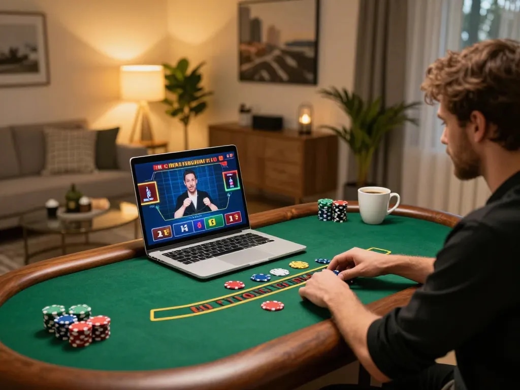 Player enjoying a live dealer game on sunwin's online casino platform from a cozy home setup