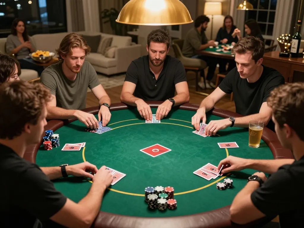 Exciting home poker night featuring VA88 players engaged in Texas Hold'em around a green felt table with chips