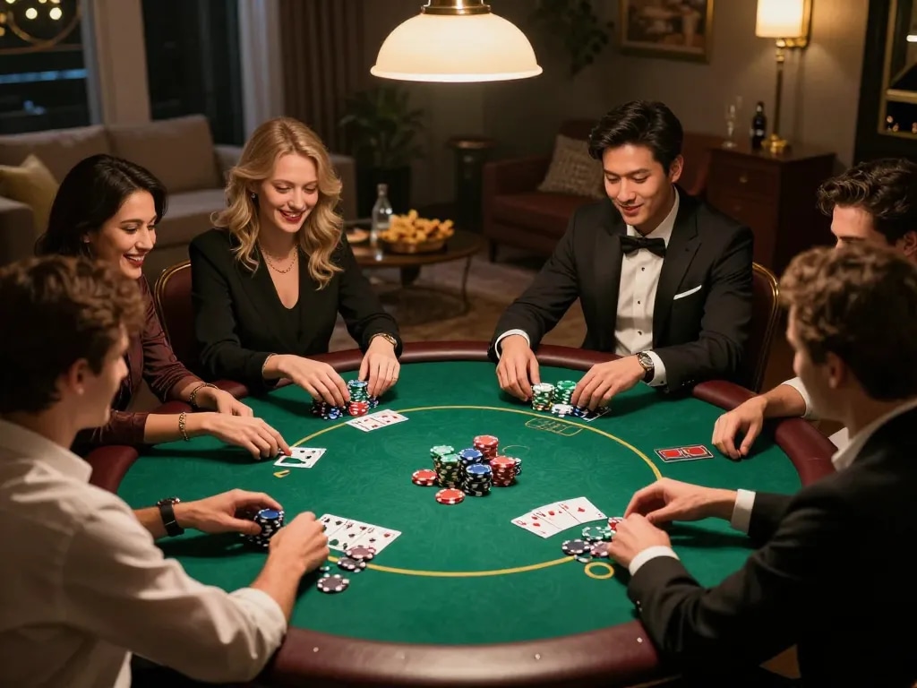 Playing mpoid slot in a friendly poker game with chips and drinks on the table.