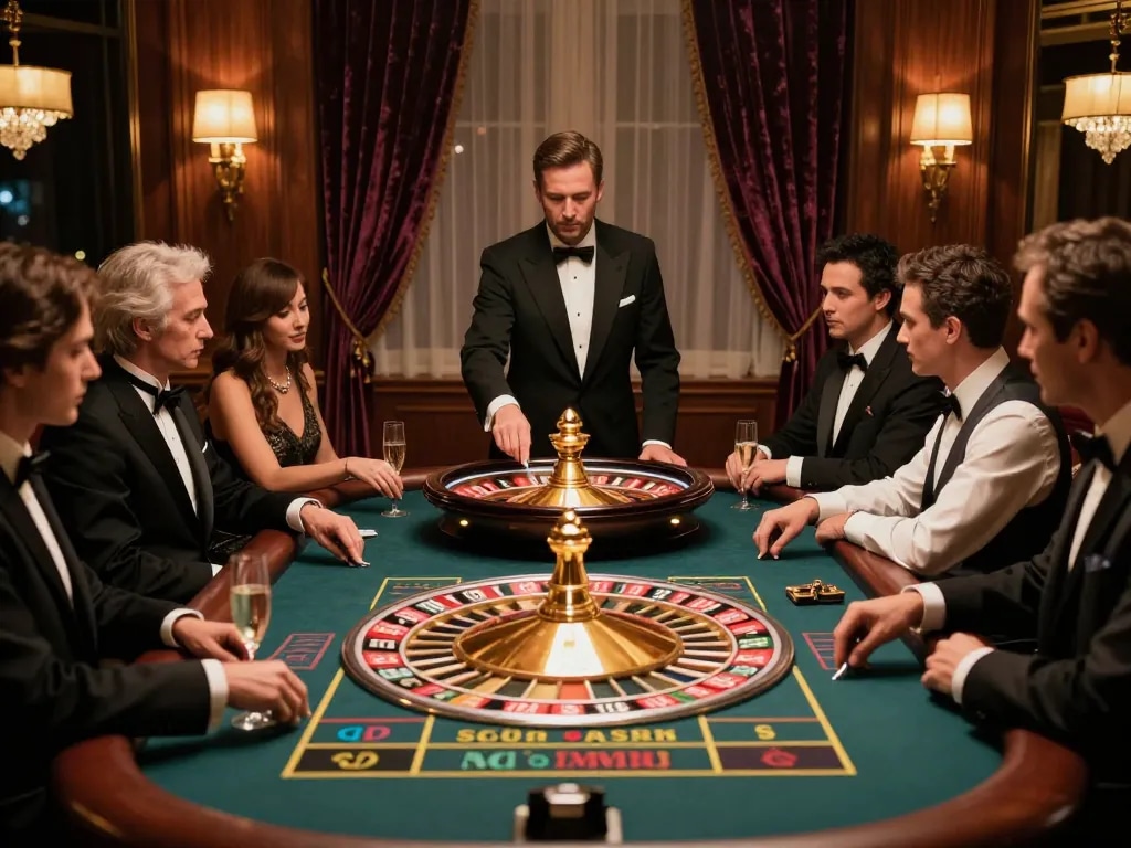 Pemain yang terlibat di meja roulette OKESLOT di kasino mewah, menangkap momen taruhan yang bersemangat.