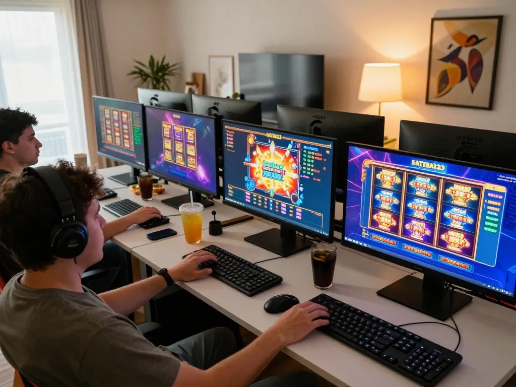 SATRIA123 player engaging with online slot games in a vibrant home gaming setup