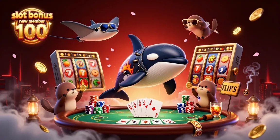 Permainan slot bonus new member 100 dengan orca dan ikan pari dalam suasana kasino yang meriah.