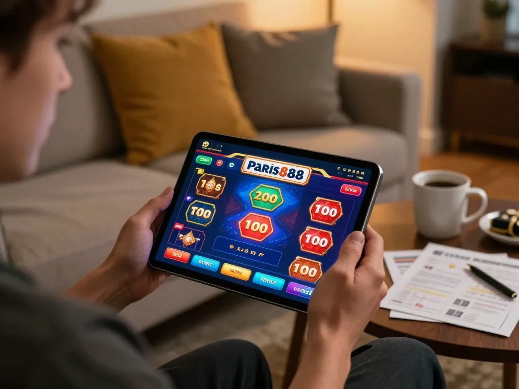 Engaging online gaming experience with Paris888 app showcasing exciting game interface in a cozy setting