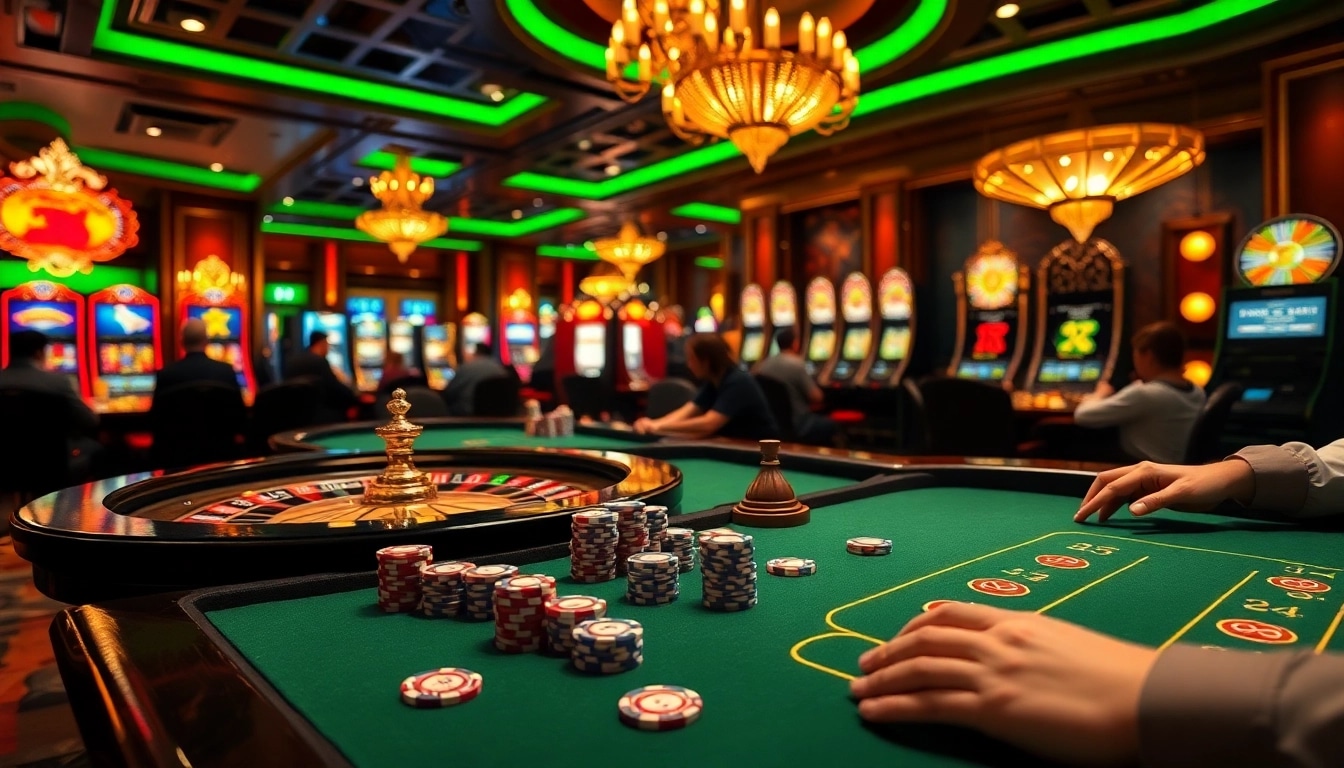 Exciting casino scene with players betting at Nhà cái XX88 poker table and roulette.