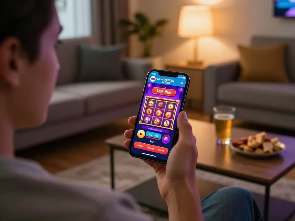 Engaging with LGOSUPER LOGIN on mobile, showcasing vibrant slot graphics in a cozy setting.