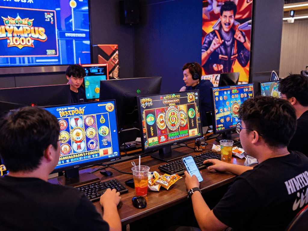 Players enjoying situs slot terbaru games on various devices, vibrant visuals and engaging atmosphere