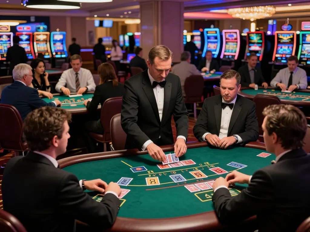 Experience the thrill of KADAL 778 at a blackjack table with engaged players and glamorous casino atmosphere