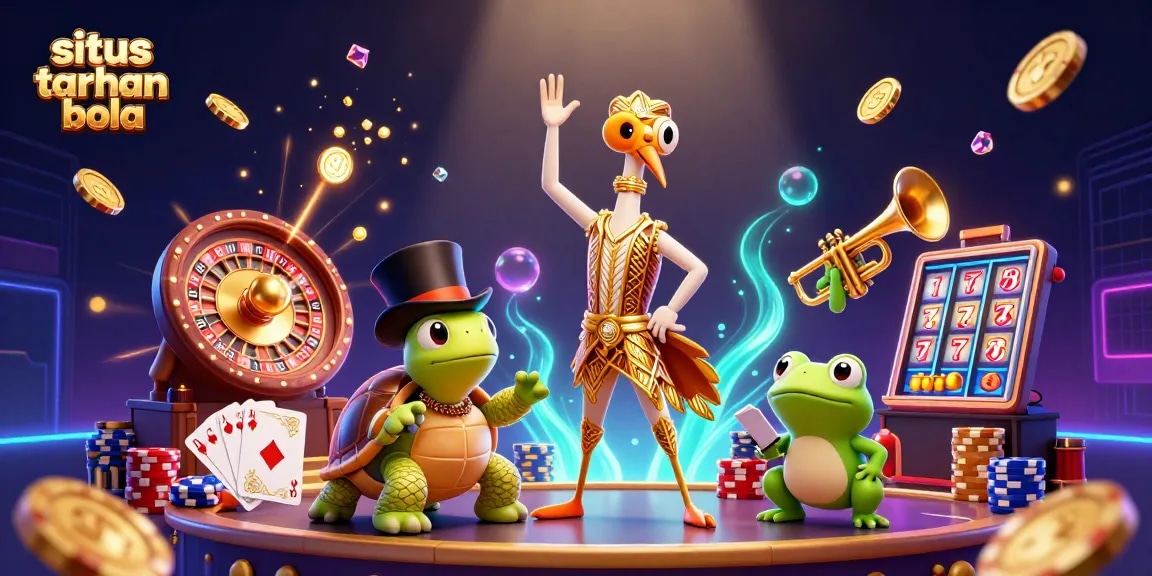 Engage with situs taruhan bola through a vibrant scene showcasing characters and casino elements.