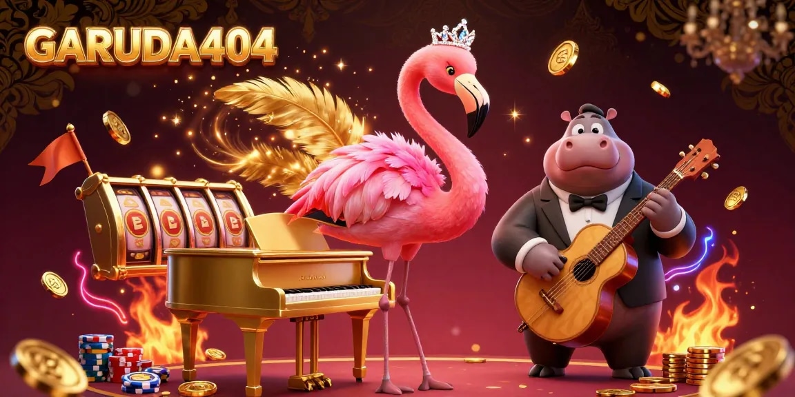 Experience thrilling gaming with GARUDA404 at vibrant 3D casino illustration featuring singers, ambiance, and gold coins.