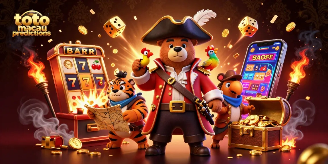 Toto macau predictions illustrated with a pirate bear, tiger, and treasure in a vibrant casino scene.