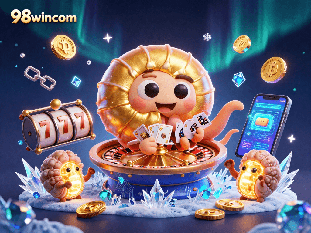 Join the action at 98wincom with vibrant, interactive casino elements depicting winning hands and crypto.