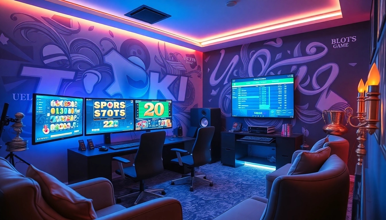 Asupantoto gaming setup featuring slot games and sports betting in a modern environment.