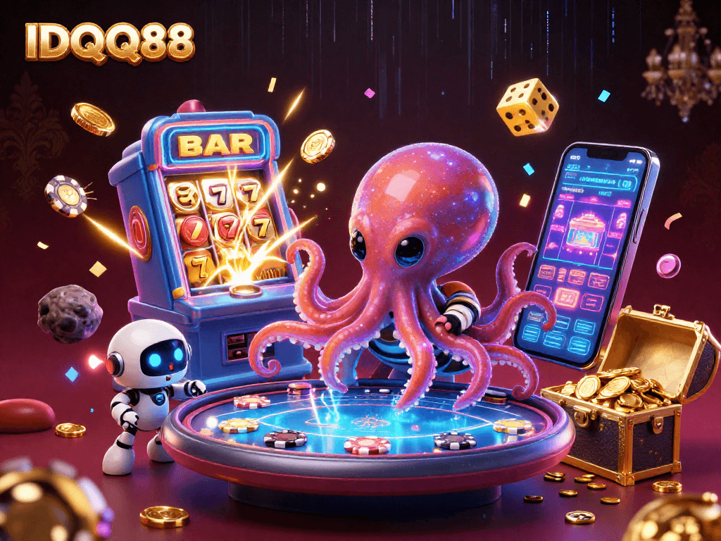 IDQQ88 showcases a vibrant alien-themed casino scene with poker elements and dynamic game interactions.