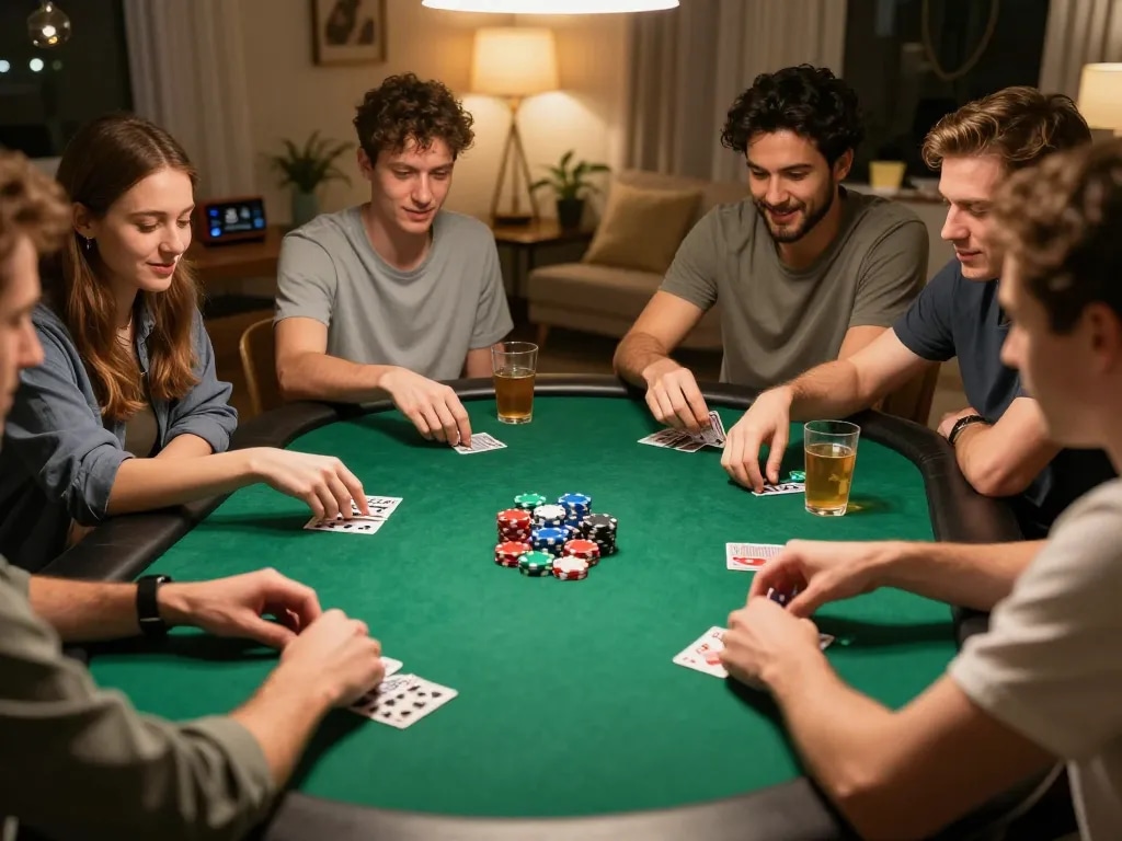 Players at home poker night engaging in tg88 strategy with lively gameplay and friendly competition