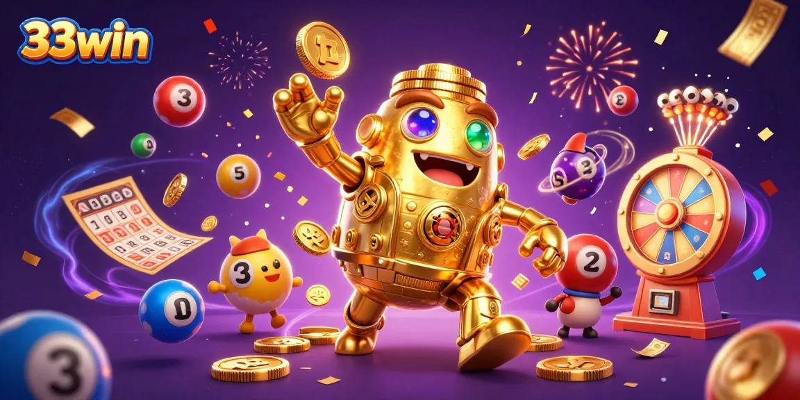 Play and win with 33win at an exciting 3D illustrated scene of lottery and casino fun.