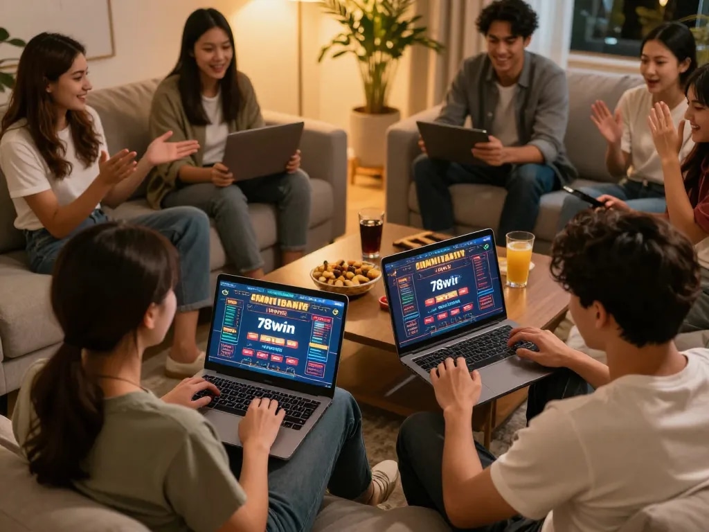 Friends strategizing and playing on 78win gaming app in cozy home setting.
