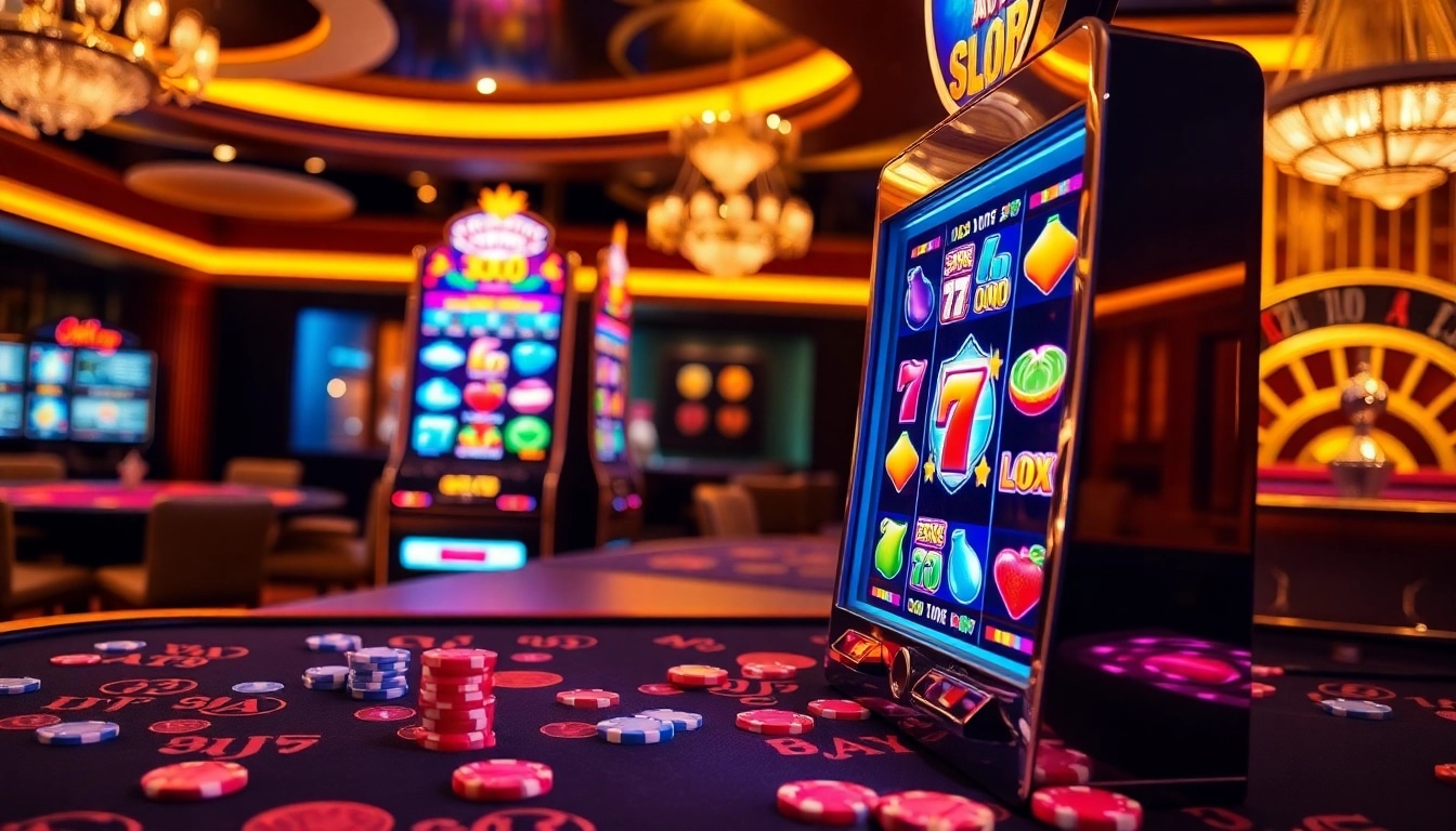 Engaging view of a slot gacor machine with vibrant reels and lively casino atmosphere, showcasing excitement for players.