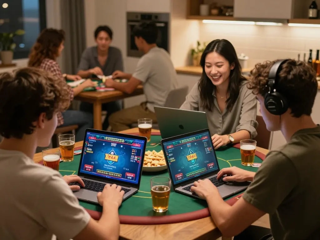 Luck8 gamers enjoying an engaging online poker session with friends at home.