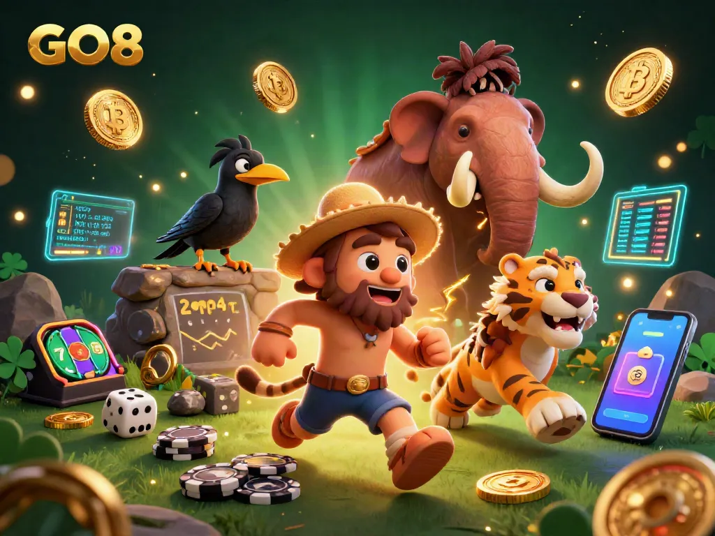 Engage in thrilling gameplay with GO8 at a prehistoric casino, featuring vibrant crypto elements.